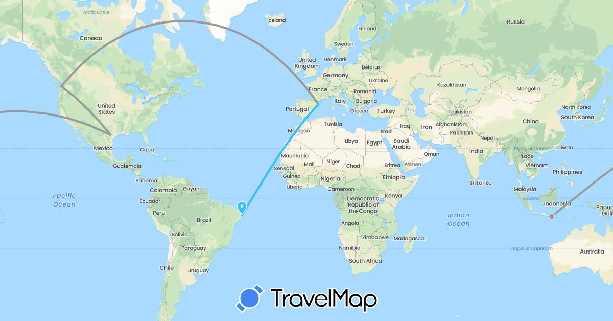 TravelMap itinerary: driving, plane, boat in Brazil, Spain, Indonesia, United States (Asia, Europe, North America, South America)